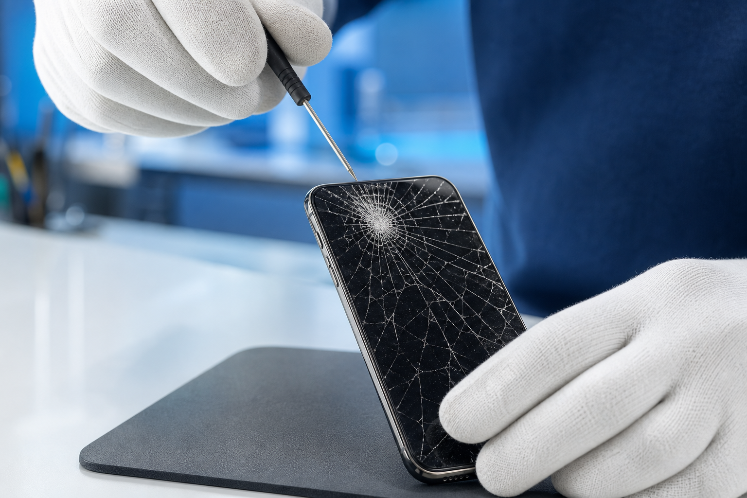 A cracked smartphone being repaired with precision tools