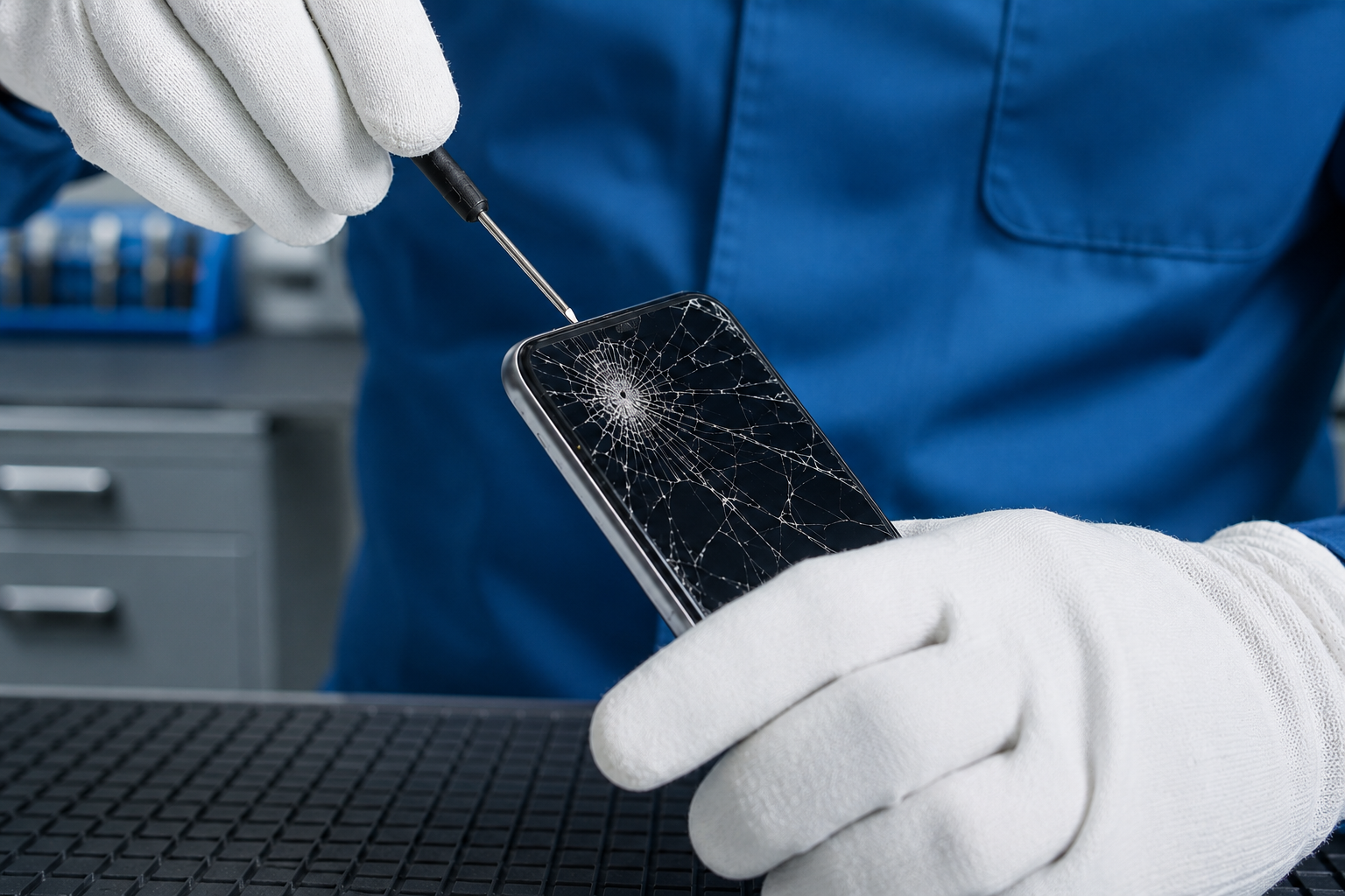 Technician repairing a cracked phone screen