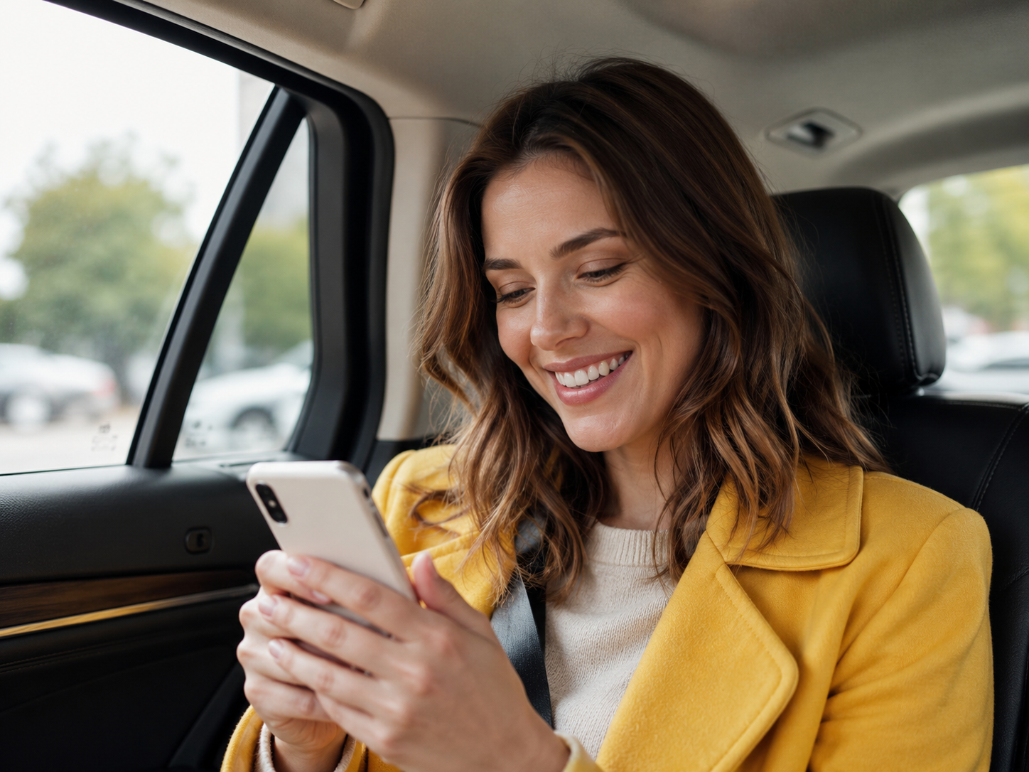 Woman smiling at a phone inside a car