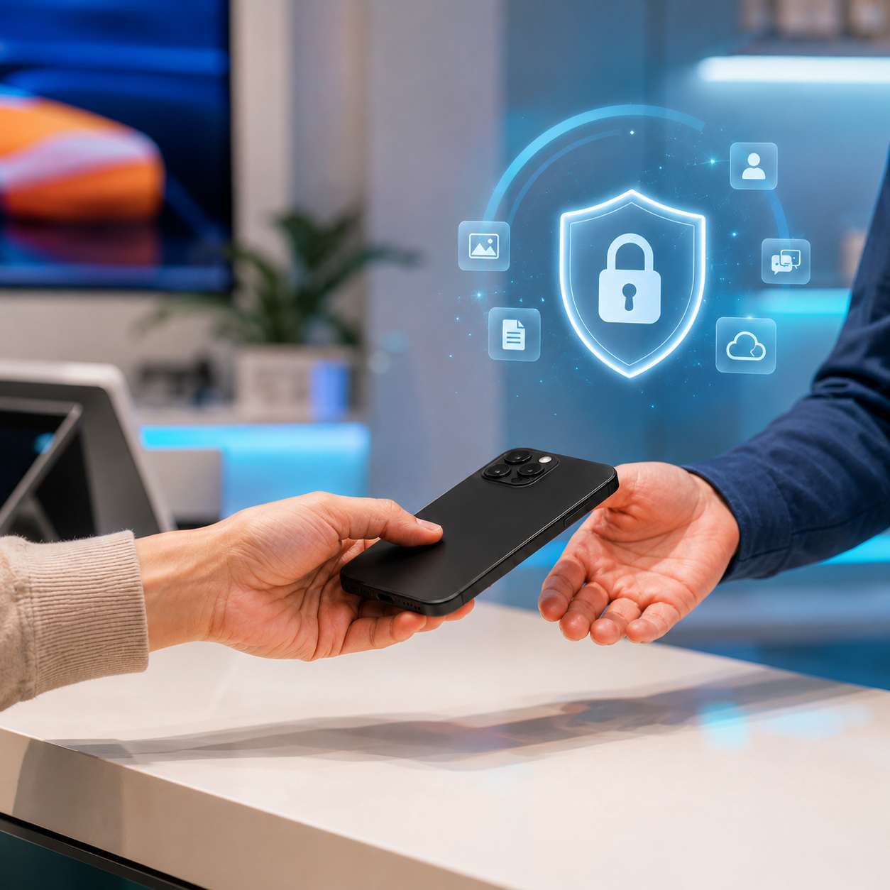 Phone handoff with a security shield overlay